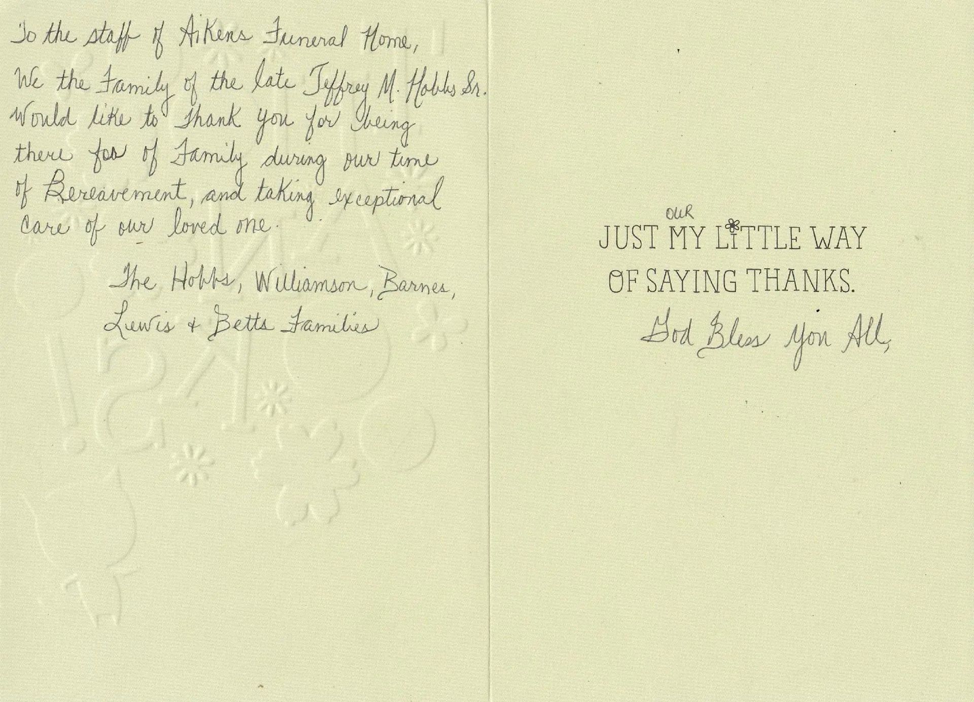 Card with handwritten text thanking the staff of Adams Funeral Home for service. 
