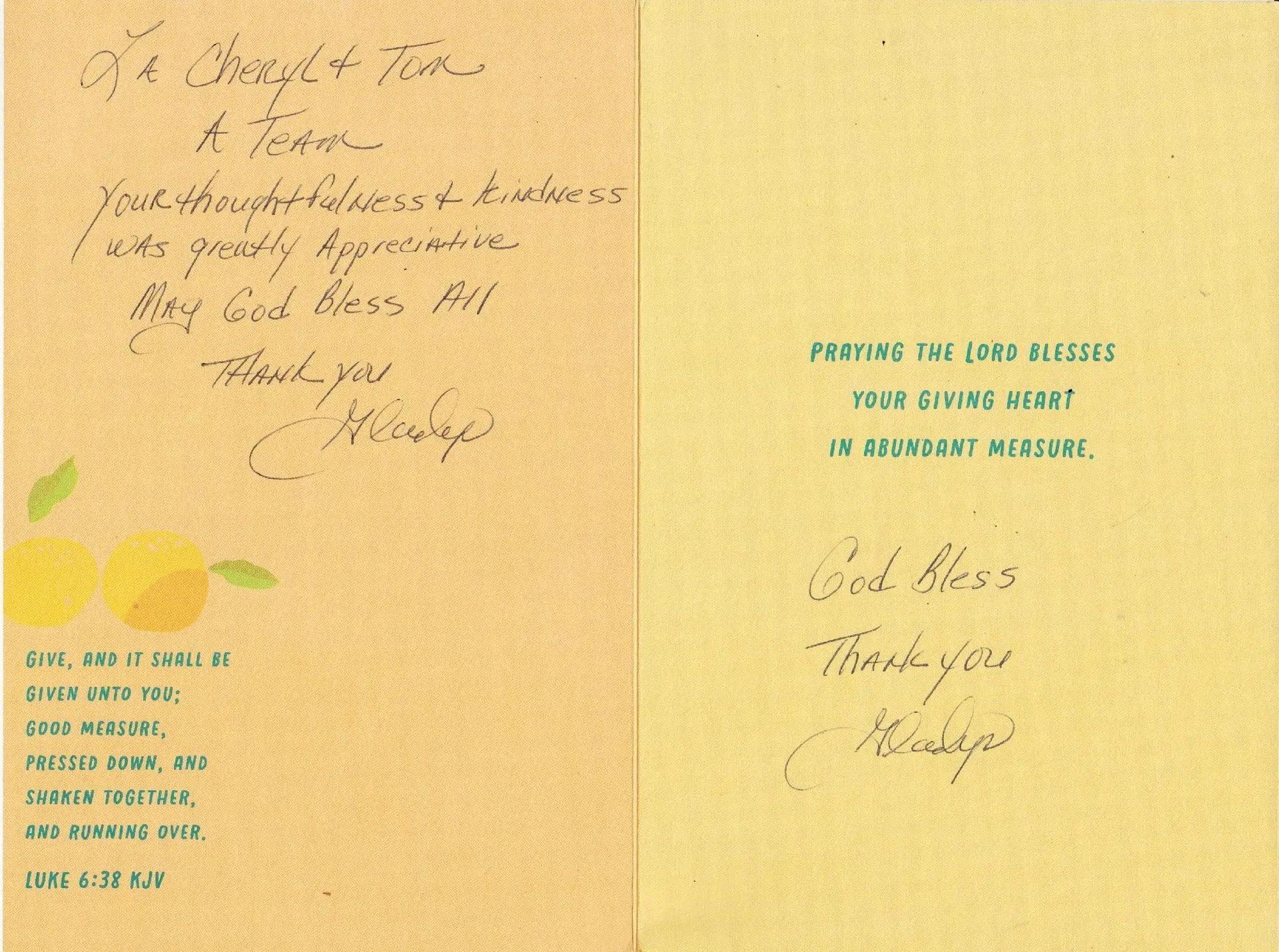 Handwritten thank-you card with citrus illustration. Text includes 