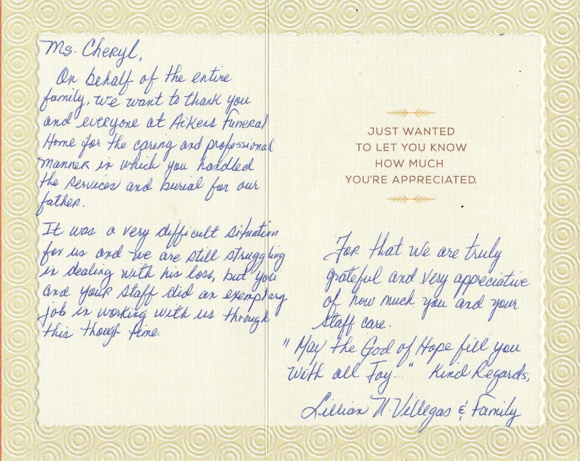 Handwritten thank you note to 