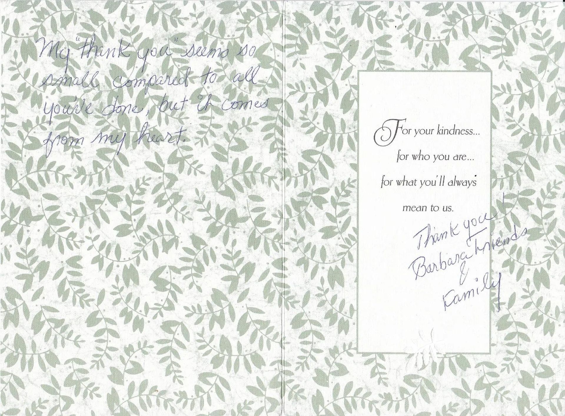 Card with floral print, handwritten text: 