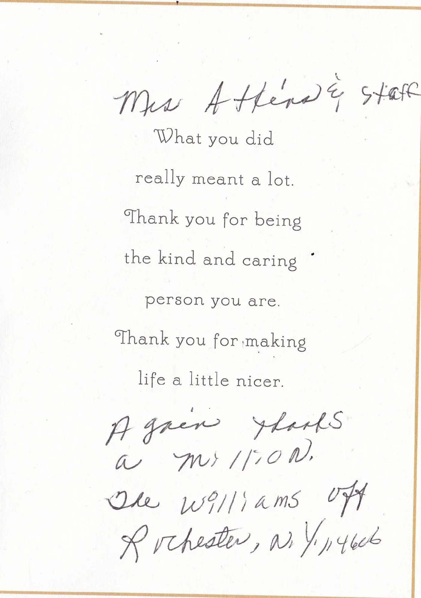 Handwritten thank you note to 