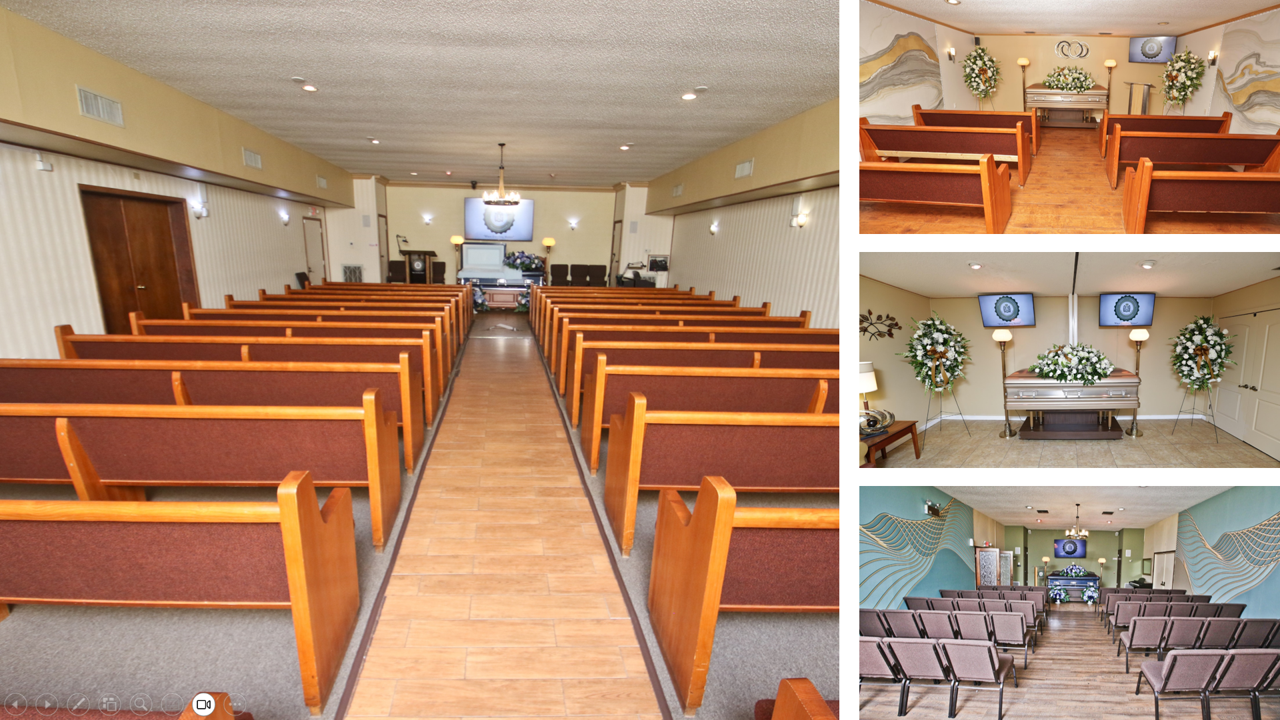 Funeral home chapel with rows of brown pews facing a casket draped with flowers and a screen.