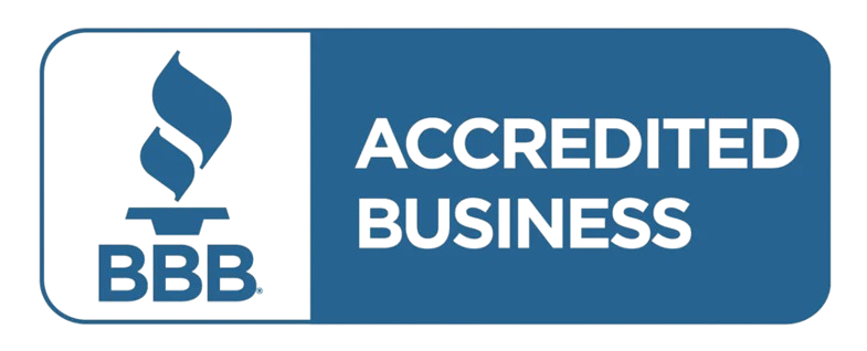 BBB Accredited Business logo, white flame and BBB text on left, 