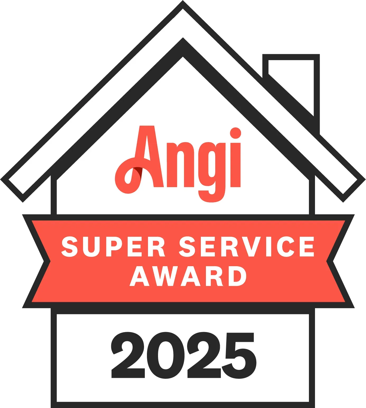 Angi Super Service Award 2025 badge: red Angi logo, banner, and number 2025 inside a house outline.