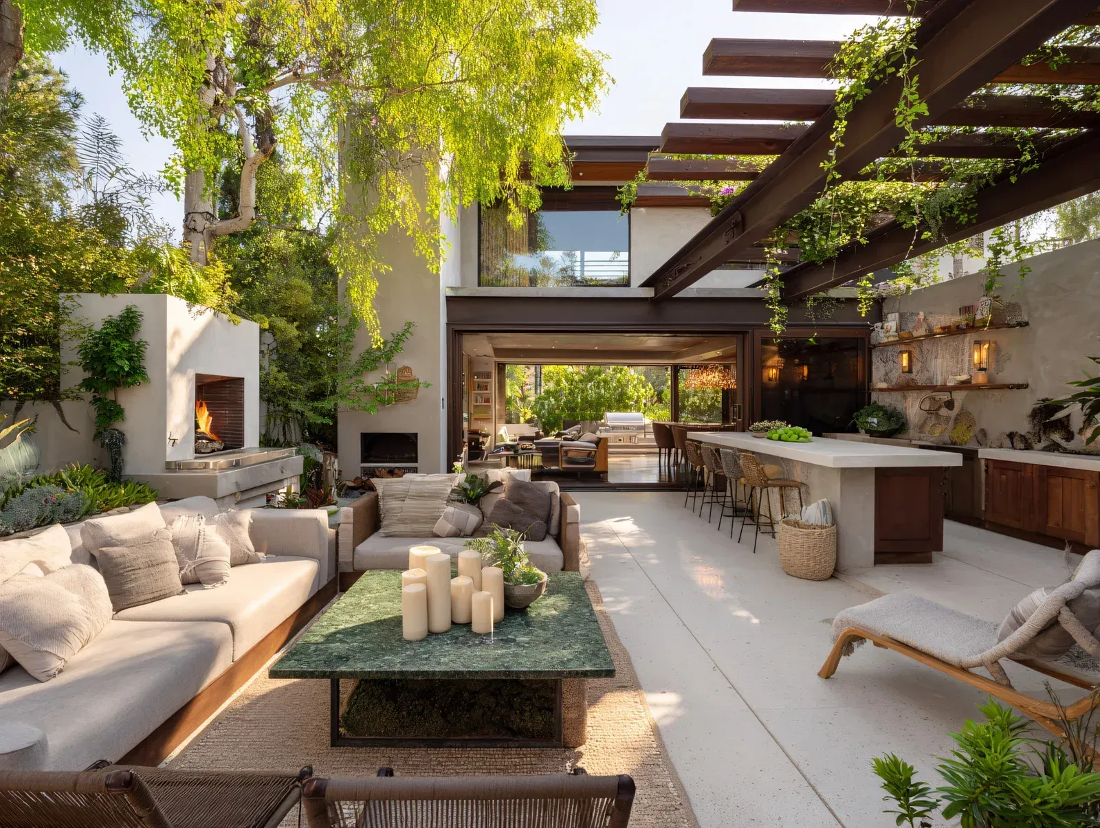 Outdoor living space with a fireplace, seating, and a dining area under a wooden pergola, lush greenery.