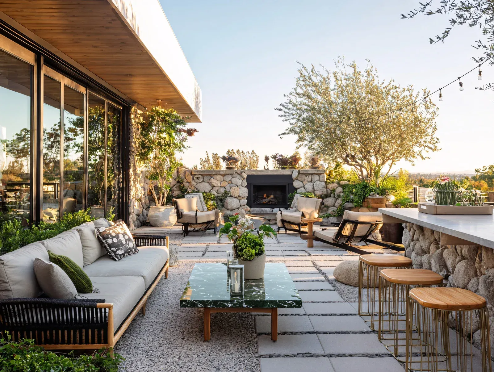 Outdoor patio with seating, fireplace, bar, and stone accents.