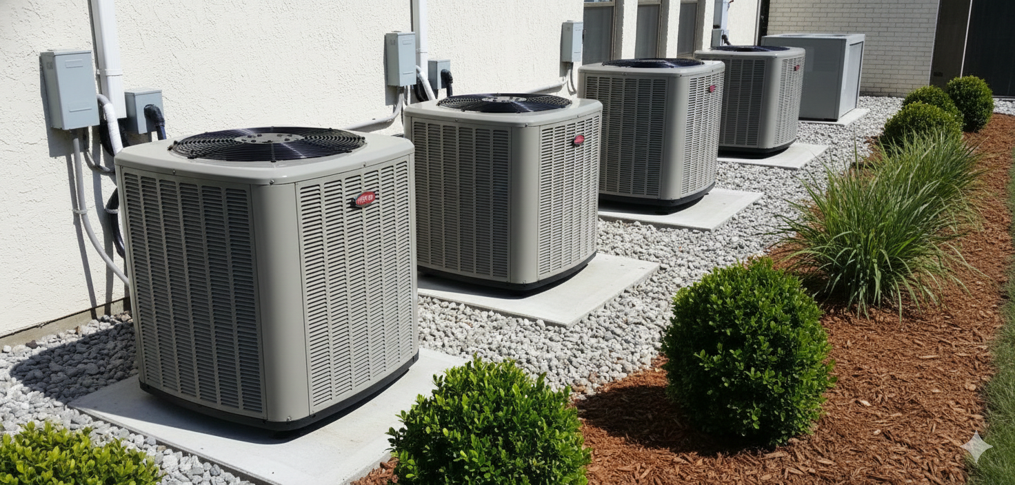 Multiple air conditioning units aligned against a white building with gravel, bushes, and mulch.