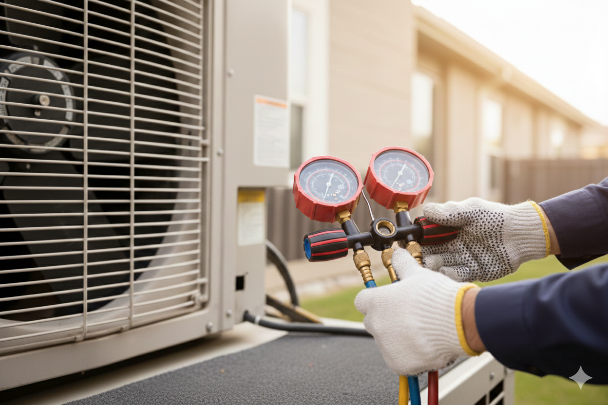 HVAC technician with gauges servicing an outdoor air conditioning unit.