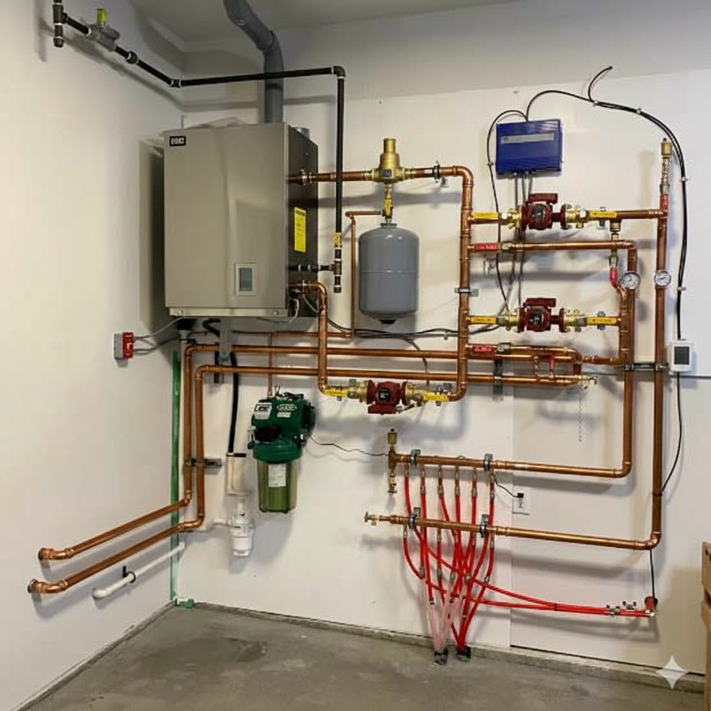 Copper pipes and heating equipment installed on a white wall in a corner.