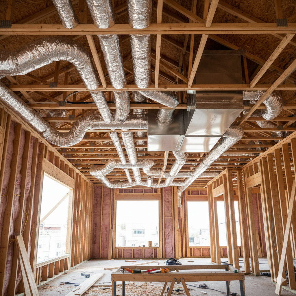 Interior of a house under construction; exposed wooden framing, ductwork, windows, and workbench.