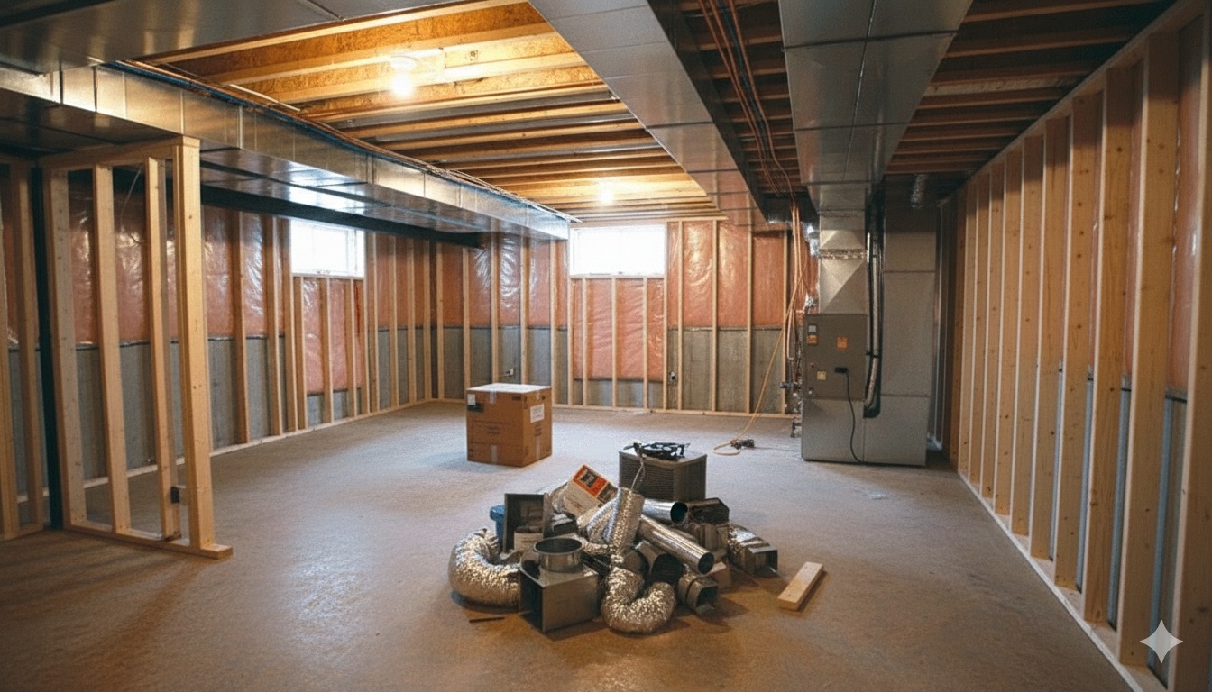Unfinished basement with wooden framing, insulation, and HVAC components on the floor.