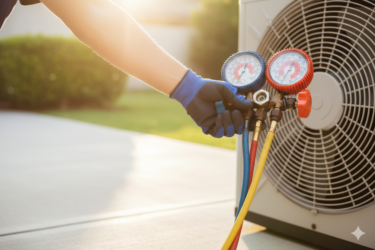 Person in blue gloves using gauges on an air conditioning unit outside.