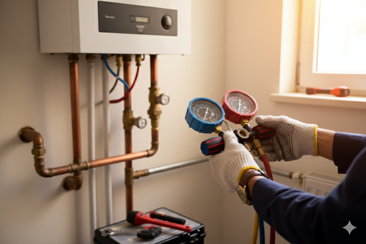 Plumber using gauges to inspect heating system pipes near a window.