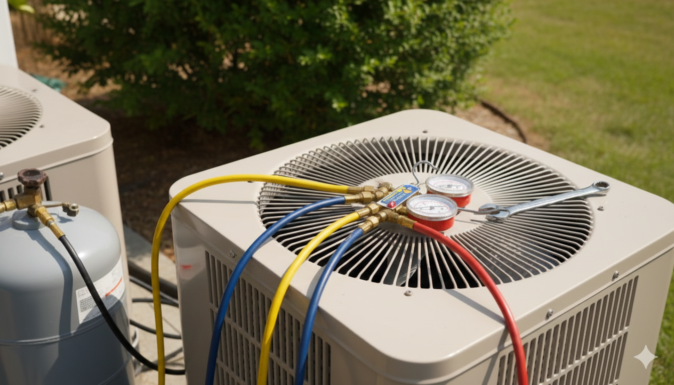 AC unit with gauges and hoses connected, outdoors, near a propane tank.