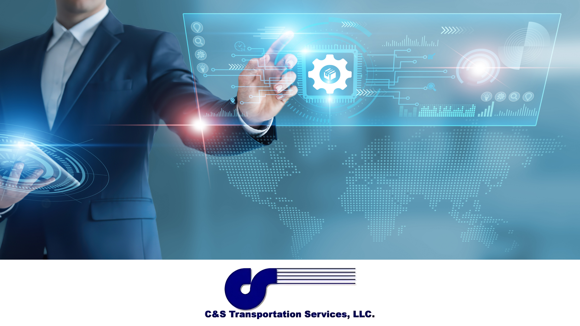 A businessman pointing to a high-tech screen representing supply chain resilience from a 3PL company