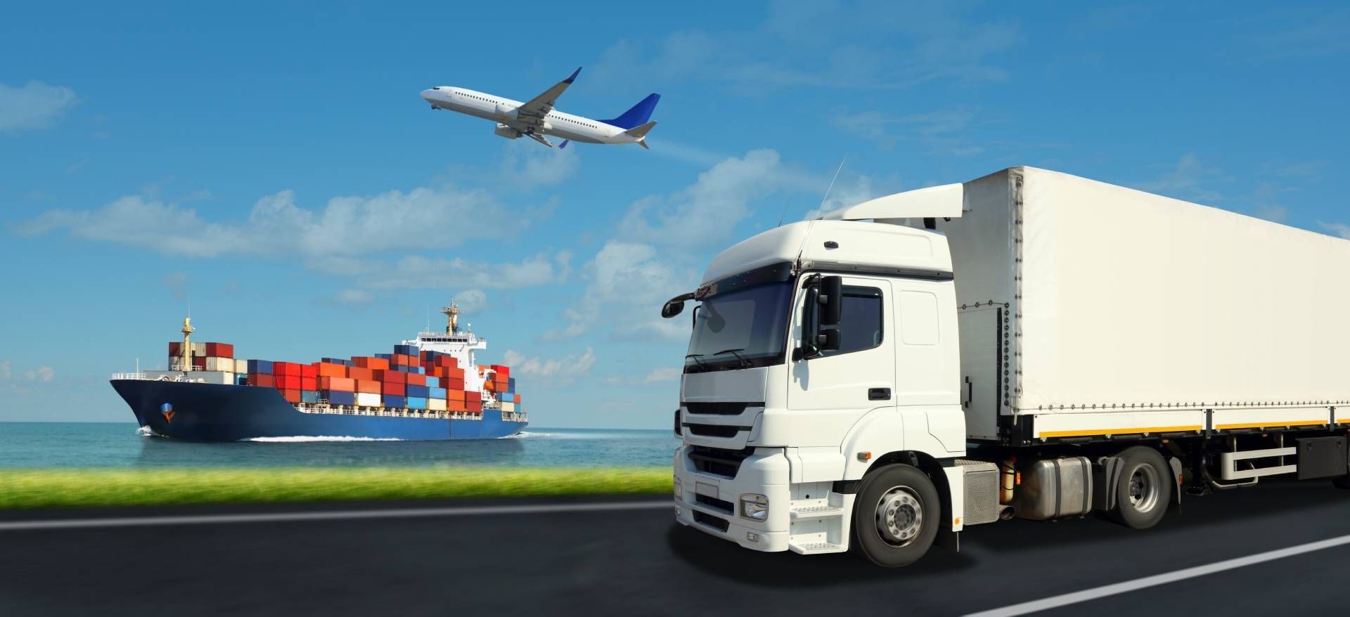 A truck, plane, and ship representing freight forwarding services near Nicholasville, Kentucky (KY)