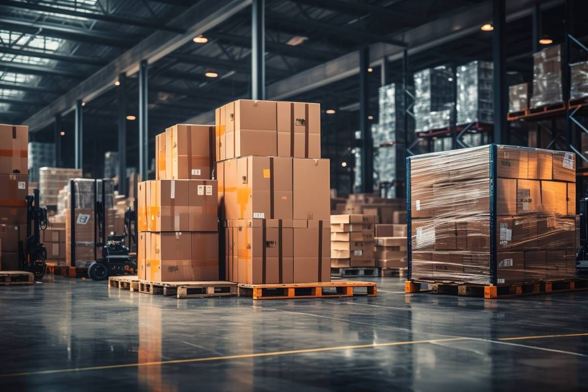 Cardboard boxes stacked on a palette inside of a warehouse near Nicholasville, KY