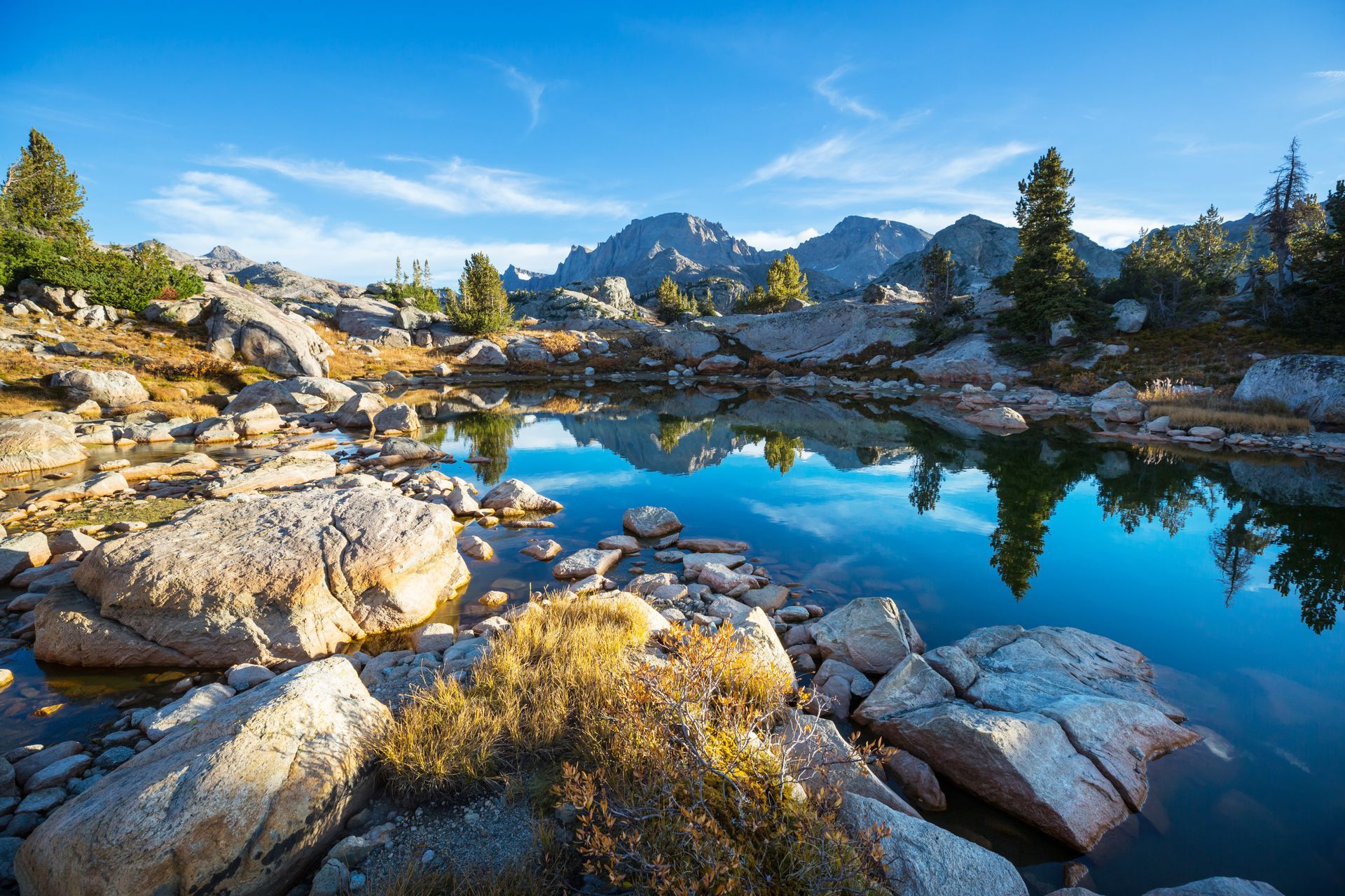 A mountain lake surrounded by rocks and trees with mountains in the background.