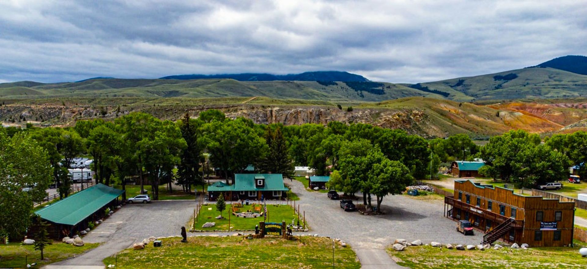An aerial view of our property with mountains in the background.
