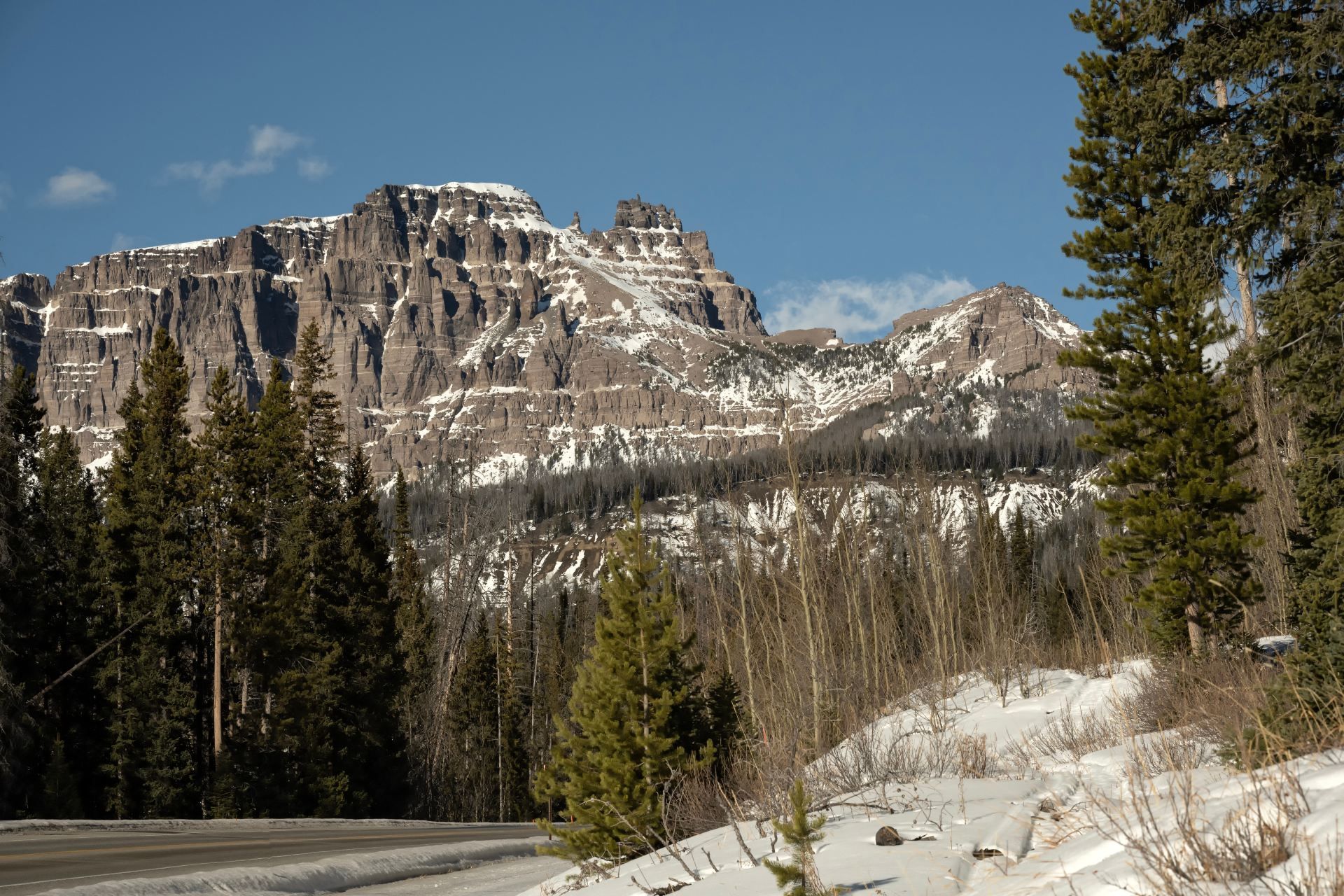 A snowy mountain with trees and a lake in the background