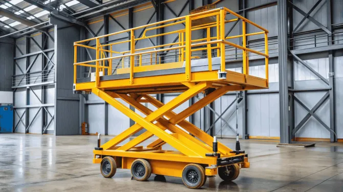 A yellow scissor lift parked on a concrete floor inside a large, industrial warehouse with metal support beams.