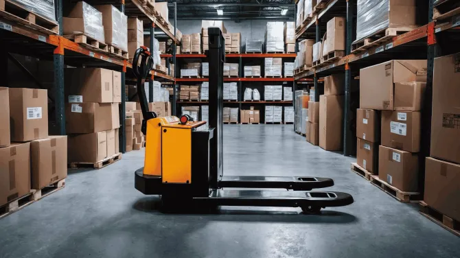 A yellow electric pallet jack sits in the center of a spacious warehouse aisle lined with stacked cardboard boxes.