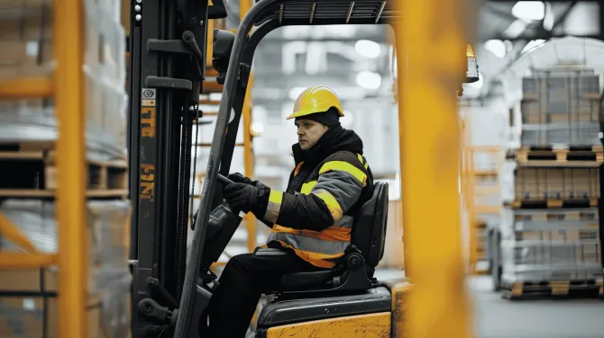 A warehouse worker wearing a yellow hard hat and safety vest operates a forklift in a storage facility.