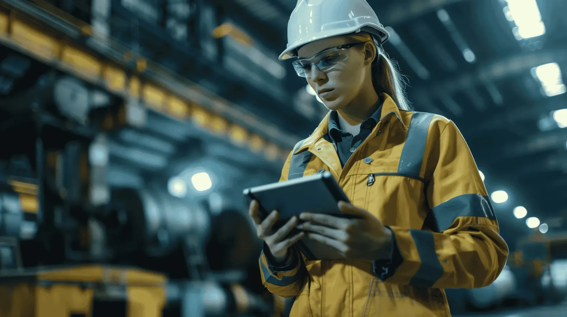 A worker in a high-visibility jacket and hard hat uses a tablet inside a dimly lit industrial manufacturing facility.