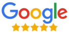 The Google logo in its classic blue, red, yellow, and green colors, positioned above five solid gold stars.