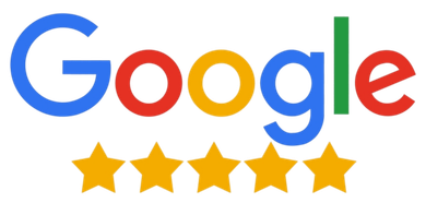 The Google logo in its signature colors, positioned above five solid yellow stars representing a five-star rating.