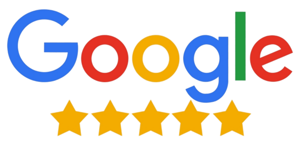 The Google logo in its standard blue, red, yellow, and green colors, positioned above five solid yellow star icons.