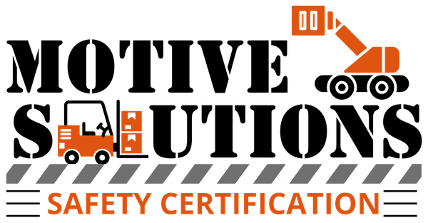 Logo for Motive Solutions Safety Certification featuring a forklift and crane graphic on a black and orange hazard stripe.