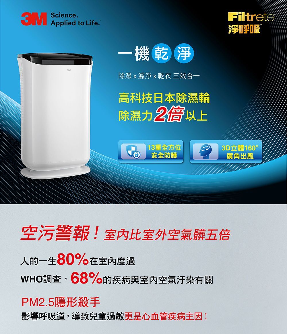 3M 日本除濕輪科技9.5L雙效空氣清淨除濕機 FD-A90W