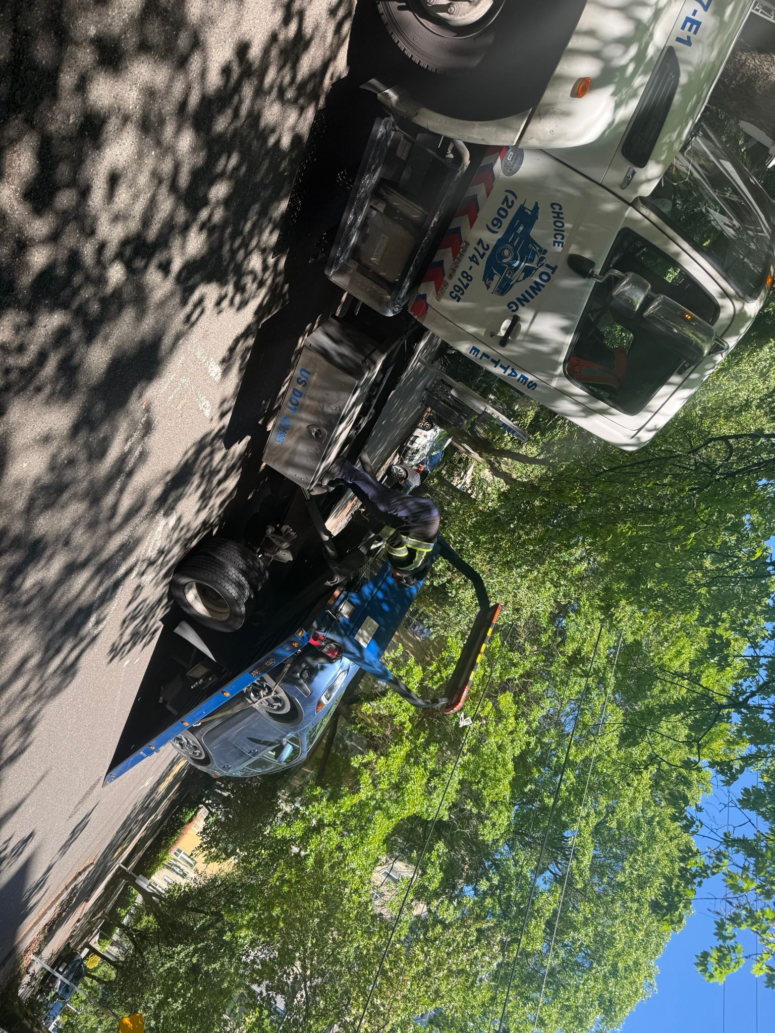 A truck is parked on the side of the road next to a tree.