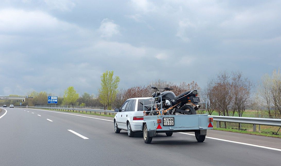 White car towing a trailer with a motorcycle on a highway under a cloudy sky.