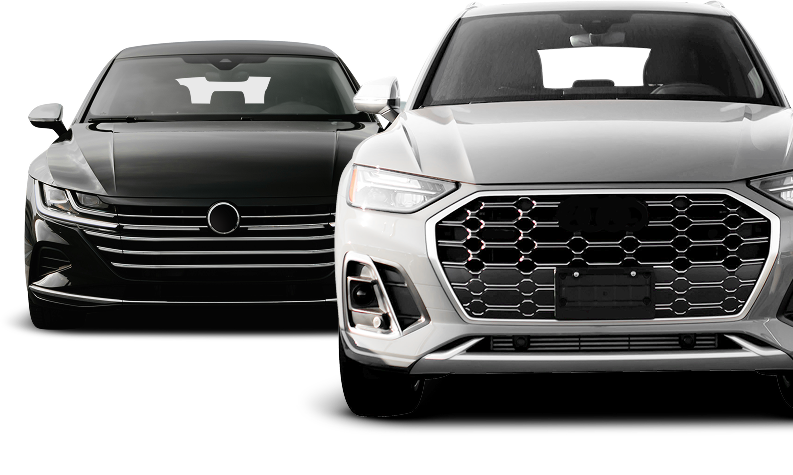 Black sedan and silver SUV side-by-side, front view, isolated on white.