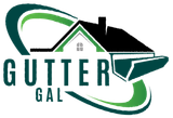 A logo for gutter gal with a mountain in the background.