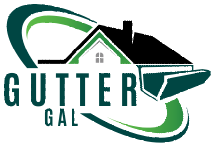 A logo for gutter gal with a mountain in the background.