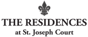 Logo for The Residences at St. Joseph Court; dark green oval with gold trim, white text, and gold fleur-de-lis icon.