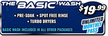 The basic wash includes pre-soak spot free rinse turbo dryers and unlimited monthly pass