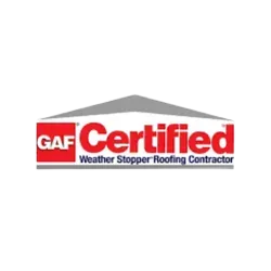 GAF Certified Weather Stopper Roofing Contractor logo. Red, white, and gray colors.