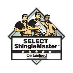 Logo of three workers with the text “SELECT ShingleMaster” and “CertainTeed Saint-Gobain”.