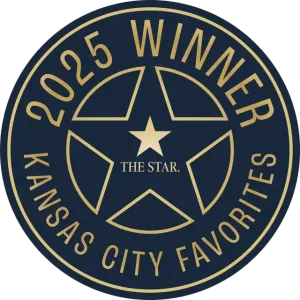 2025 Winner Kansas City Favorites badge. Dark blue circle with gold text and star.