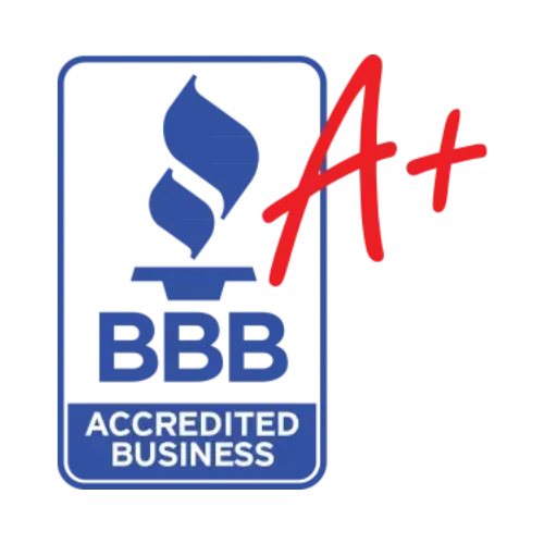 BBB logo with A+ rating: Blue flame, white and blue rectangle, red "A+".