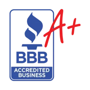 BBB logo with A+ rating: Blue flame, white and blue rectangle, red "A+".