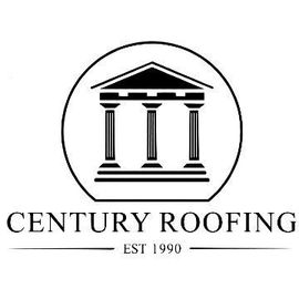 Century Roofing logo: a Greek temple with three columns inside a circle, black text.