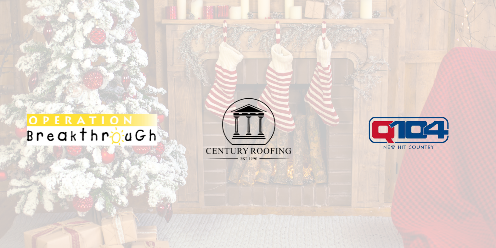 Christmas scene with tree, fireplace, stockings, and logos for Century Roofing and Q104.