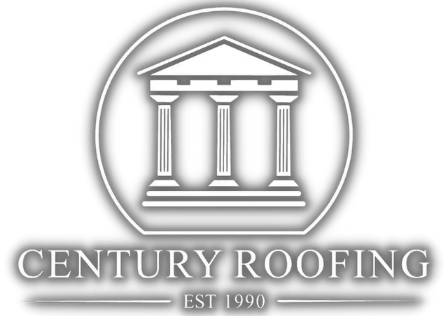 Century Roofing logo: Classic building with three columns inside a circle, with text "CENTURY ROOFING" and "EST 1990."