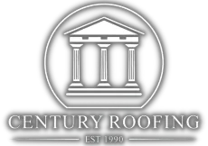 Century Roofing logo: Classic building with three columns inside a circle, with text "CENTURY ROOFING" and "EST 1990."