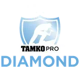 TAMKO Pro Diamond logo: a blue shield with a worker silhouette and text.